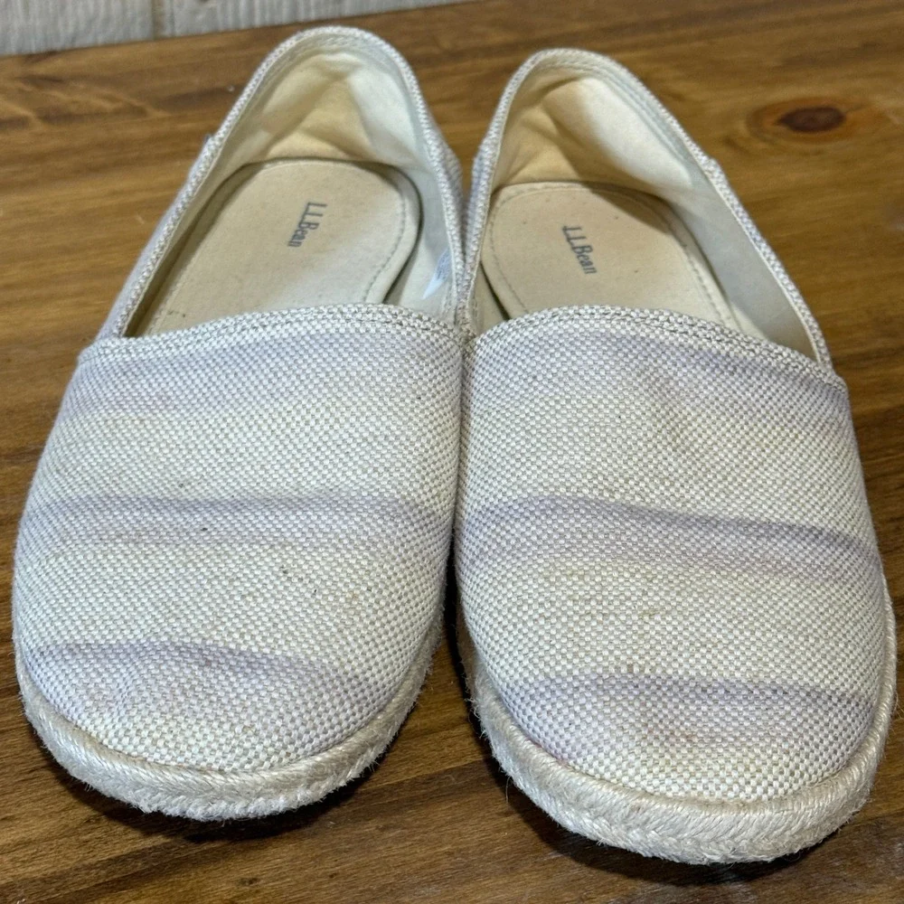 L.L.Bean Women's Slip On Espadrille Shoes Size‎ 9.5 Medium Beige Purple Stripe